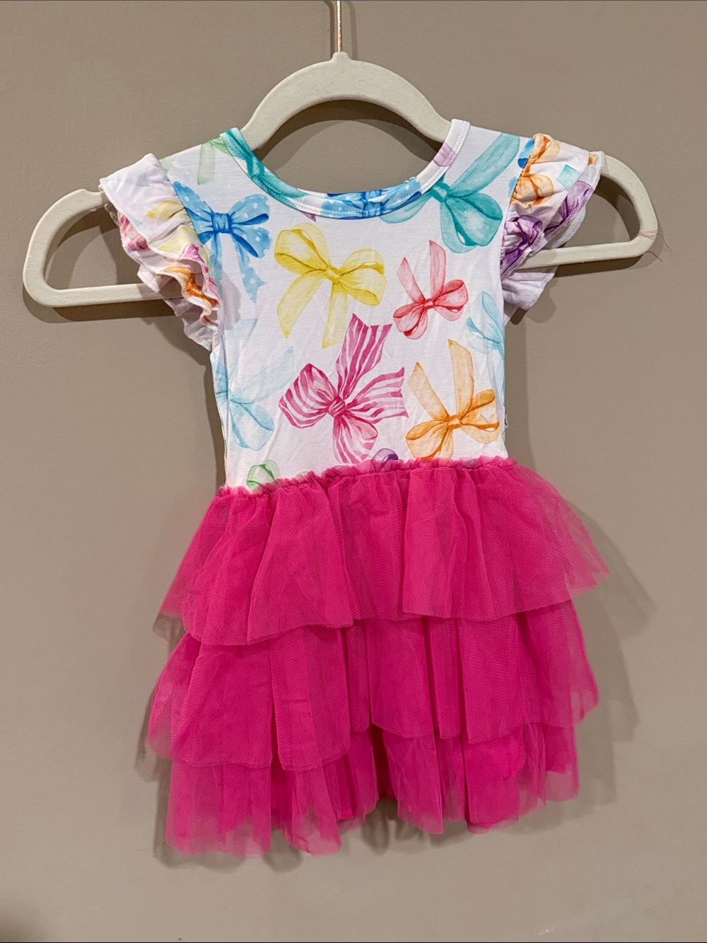 Girls White Bow Print & Hot Pink Tulle Tiered Dress